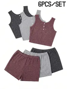 Women's 6-Piece Ribbed Henley Tank Top & Shorts Loungewear Set | #LoungewearSet #6PieceSet #RibbedSet