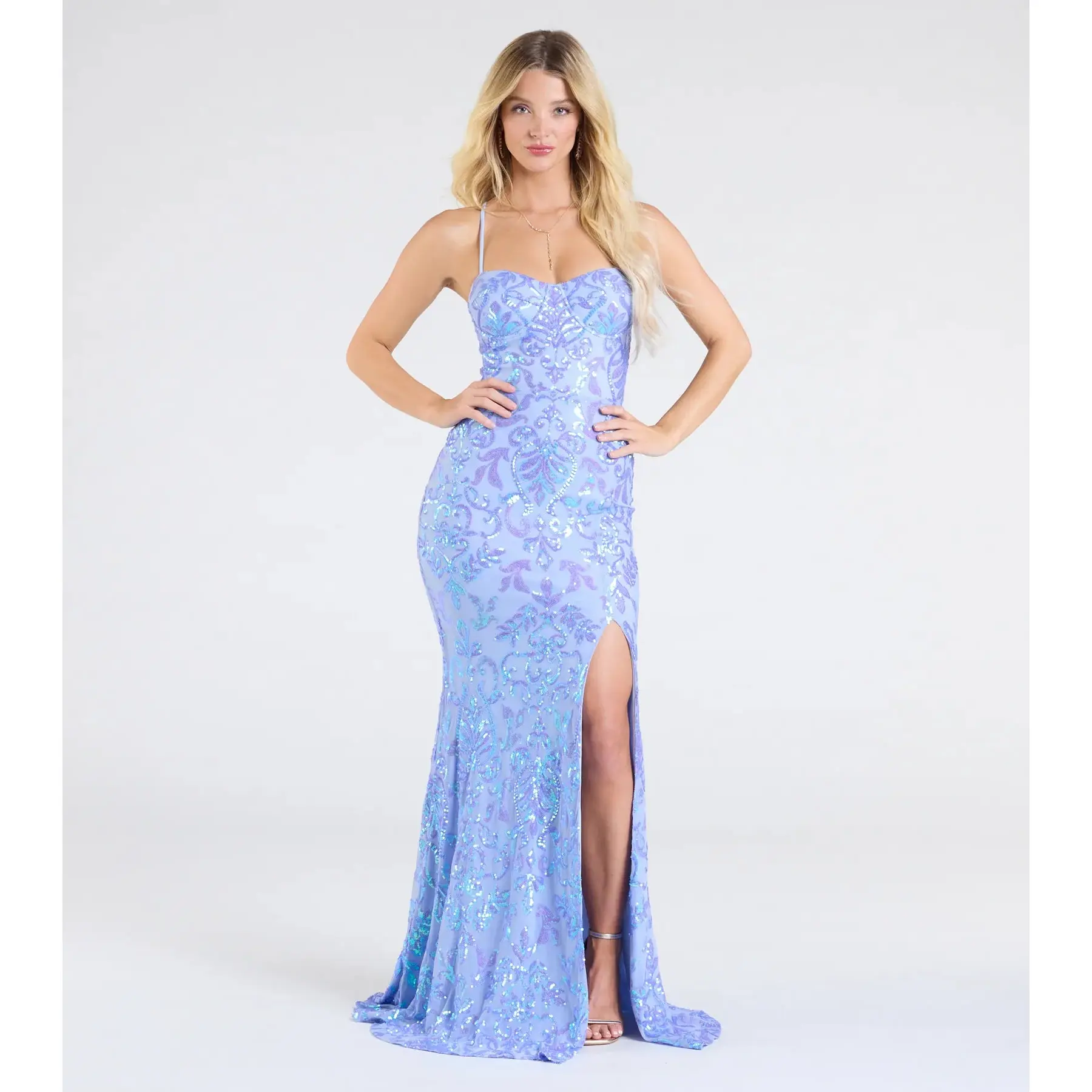 green emerald velvet dress Dressime Women Blue Sequin Formal Dress Delicate Mermaid V Neck Sequin Long Prom  Dress – dressime main image 0