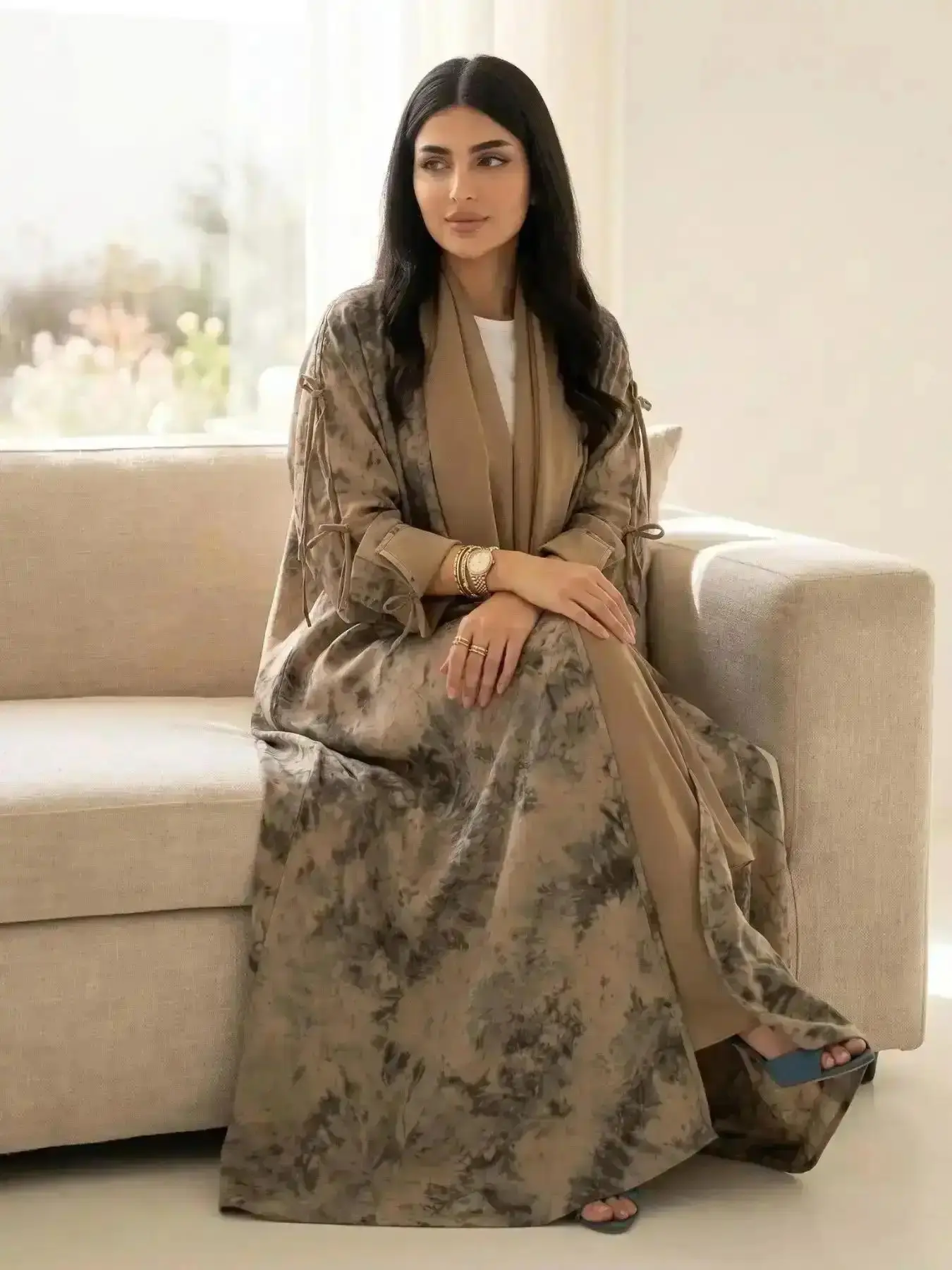 Classic Suit Set, Elegant Women's Tie Dye Print Open Abaya with Headscarf, Muslim Fashion Long Sleeve Hijab Set for All Seasons, Modest Outfits, Modesty Clothing, Coord, Conservative, Versatile, Comfort, Wear, Style