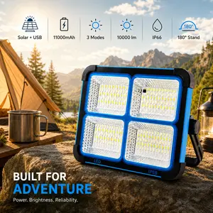 Solar Rechargeable LED Work Light, 288 Super Bright 5730 Beads Floodlight with USB & Type-C Charging, 5 Lighting Modes, IP66 Waterproof Portable Lamp for Camping Fishing Emergency Outdoor Use