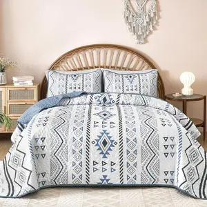 Boho  Size Aztec Quilt Set 3 count Blue Ultra Soft Lightweight Quilt Beddding Set, Microfiber Bohemian Bedspread Coverlet Set with 2 Pillowcases for  Season (, 104"x90")