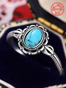 Women's Boho Style Turquoise Ring Jewelry Gift, Casual Daily Wear Party Accessory, Silver Color Vintage Design