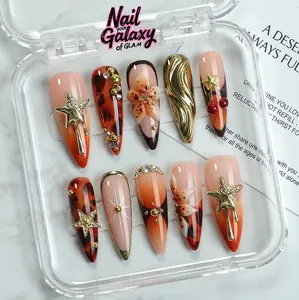 Handmade French Floral & Tortoise Shell Press-On Nails | Sweet Flower Design with Gold Stars & Cherry Accents | Luxury Acrylic Chrome Ballerina Nails 10pcs Set | High-Quality Long Detachable False Nails for Birthday, Vacation, and Holiday Glam