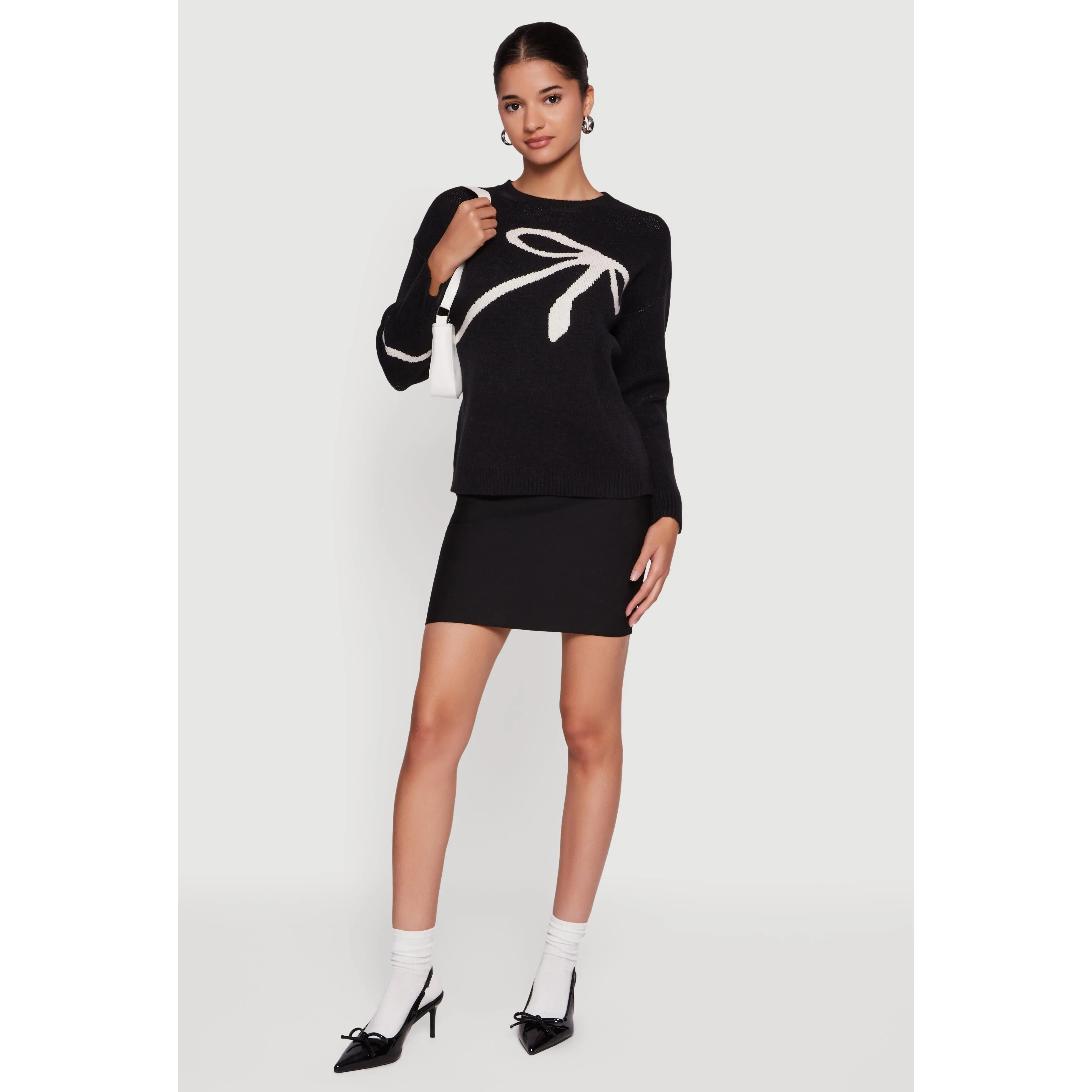Brushed Knit Bow Graphic Pullover Sweater