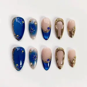 Aura Blue cat eye nails/Bling press on nails long almond nails/Elegant nails