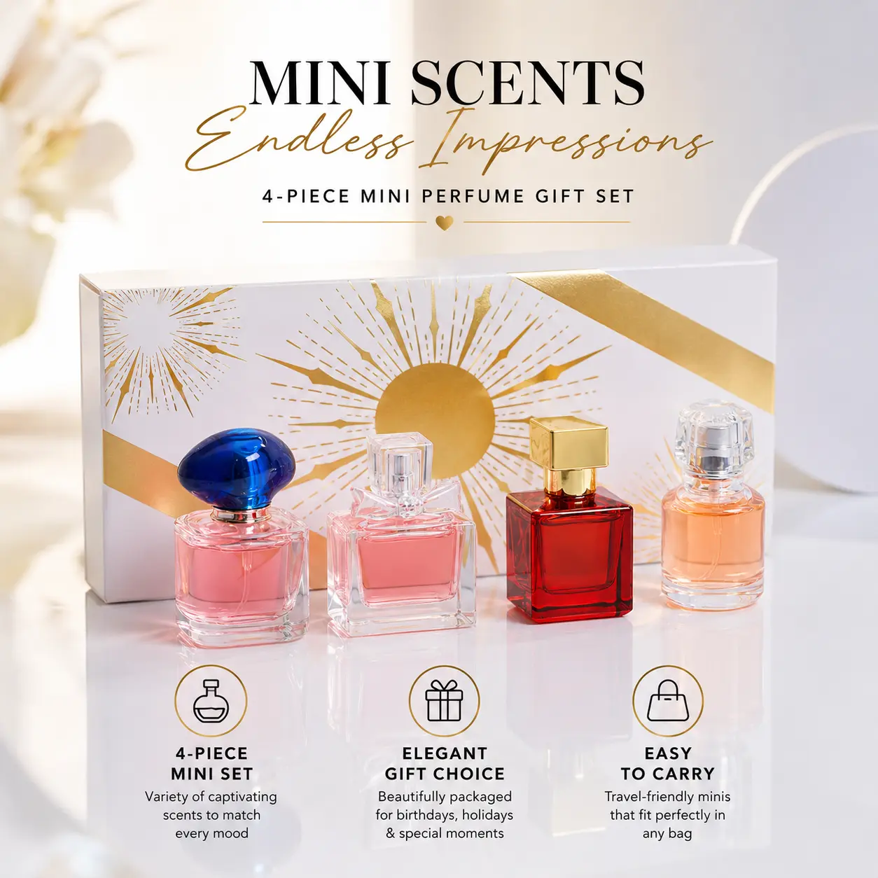 4-Piece Mini Perfume Gift Set | Elegant Travel Size Bottles | Gift-Ready Presentation Box | Compact Purse-Friendly Design | Perfect for Holidays, Birthdays & Daily Carry