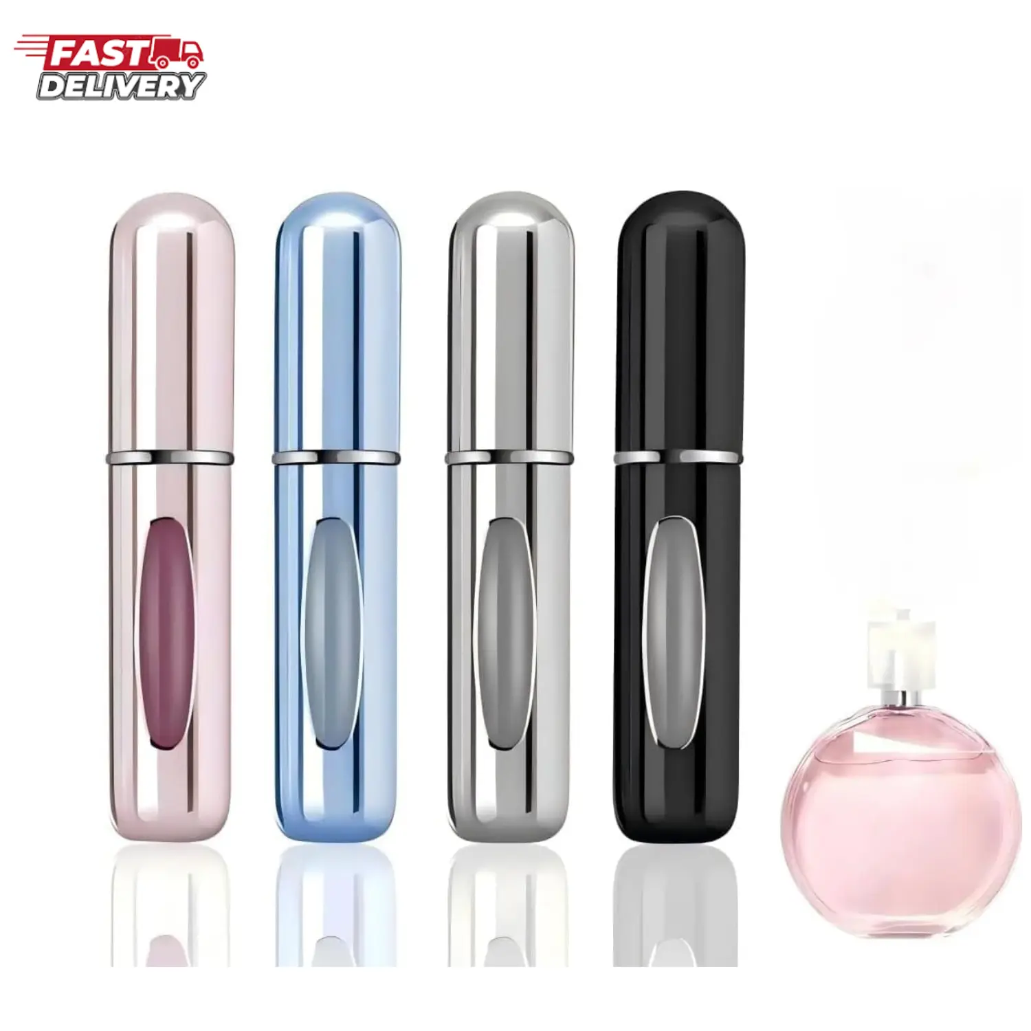 4 Pcs Perfume Travel Refillable 5ml Aluminum Atomizer Sprayer for Men & Women Portable Leak-Proof Perfume Bottle in Black Pink Blue Silver