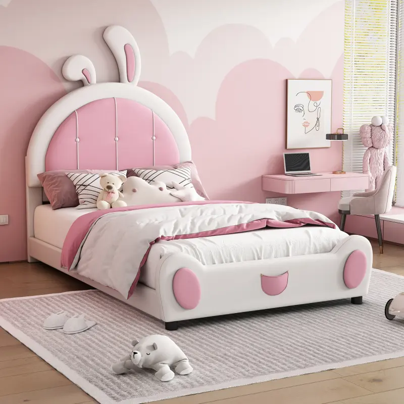Twin Size Upholstered Platform Bed Frame with Rabbit-Shaped Headboard and PU Upholstery