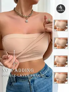 Seamless No Underwire Dual Layer Fabric Casual Sleeveless Crop Top Set of 4, Comfortable and Stylish Women's Undershirt, Perfect for Everyday Wear