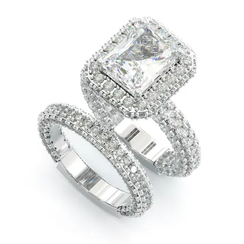 Jzora Women's 3.5ct 7*10mm Radiant Cut Halo Vintage Sterling Silver Bridal Ring Set - Cubic Zirconia Romantic Artificial Gemstone Rings for Female Anniversary, Note: Remove Before Sleeping - Avoid Water Contact