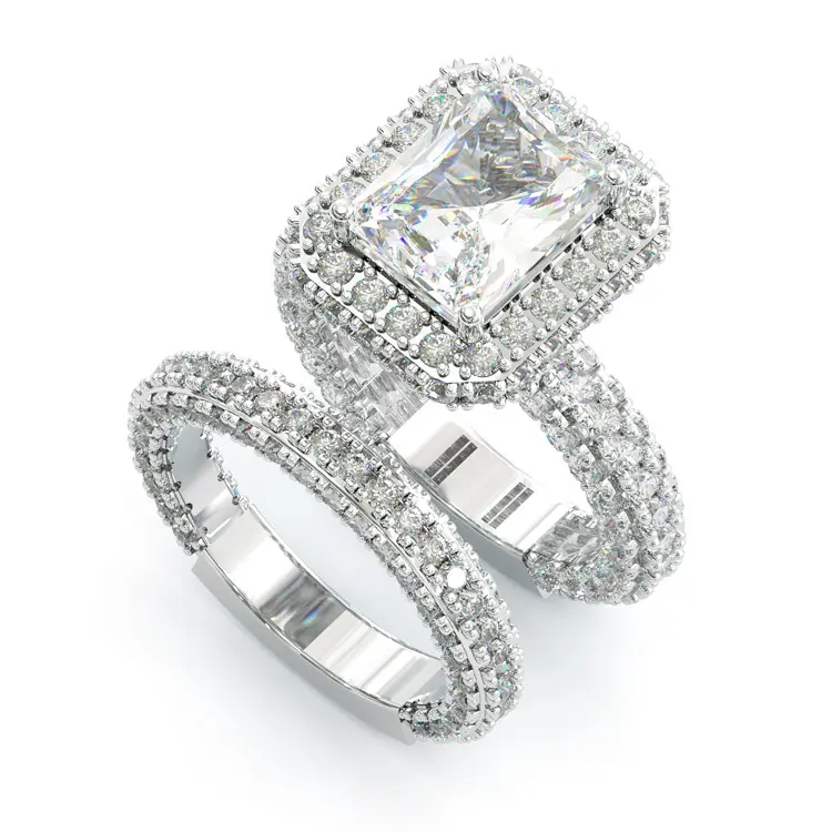 Jzora Women's 3.5ct 7*10mm Radiant Cut Halo Vintage Sterling Silver Bridal Ring Set - Cubic Zirconia Romantic Artificial Gemstone Rings for Female Anniversary, Note: Remove Before Sleeping - Avoid Water Contact