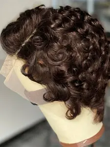 13x4 Short Wave Pixie Cut Wig Human Hair Wave Wigs  Curly Wigs Natural Black Color
