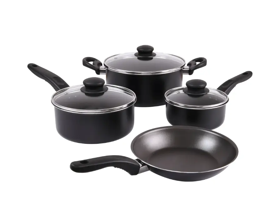 7-Piece Non-Stick Aluminum Cookware Set - Black Pots and Pans for Kitchen Use