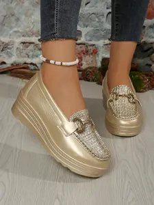 New Metal Buckle Woven Upper Slope Heel Loafer for Women, Slip-On Thick Sole Platform Shoe, Versatile Casual Height-Boosting Single Shoe