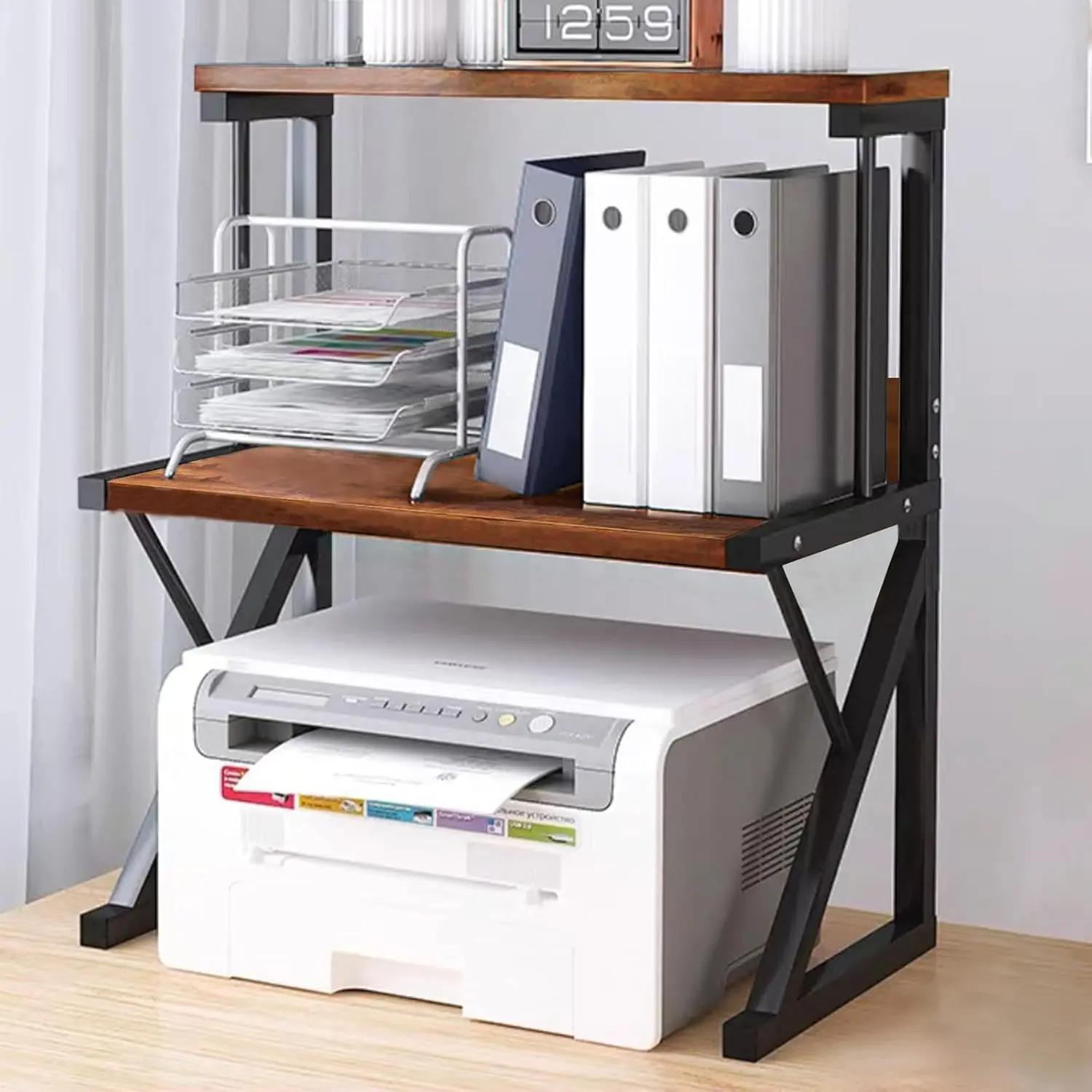 Large Size 3-Tier Printer Stand with Metal Frame for Desk, Rustic Brown Office Storage Shelf for Home Office Organization
