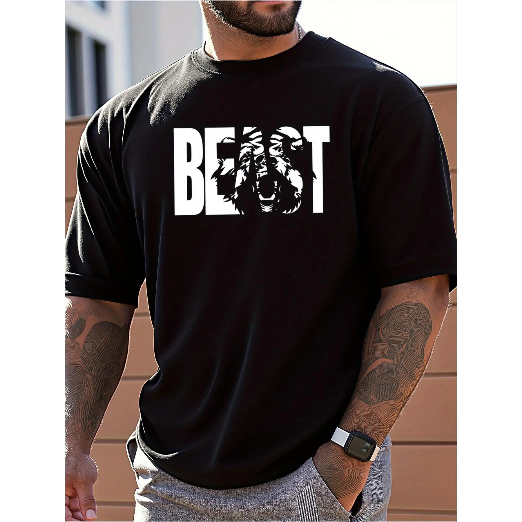 Men's BEAST Graphic Print Black T-Shirt - 100% Cotton Relaxed Fit Crew Neck Short Sleeve Tee for Spring & Summer, Breathable Casual Shirt for Daily & Outdoor Wear, Bold Design, Comfortable Clothing