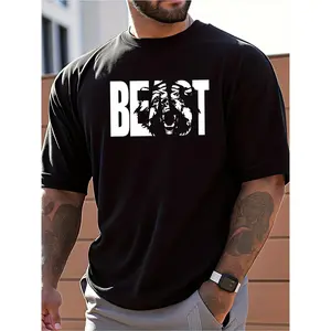 Men's BEAST Graphic Print Black T-Shirt - 100% Cotton Relaxed Fit Crew Neck Short Sleeve Tee for Spring & Summer, Breathable Casual Shirt for Daily & Outdoor Wear, Bold Design, Comfortable Clothing
