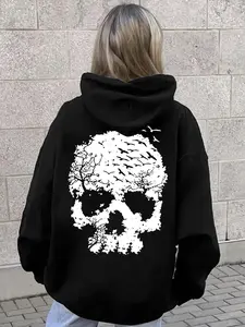 【Plus Size】 Skull & Bird Print Drawstring Hoodie Top with Pocket Hoodie, Casual Long Sleeve Hooded Sweatshirt for Fall & Winter, Women's Clothing for Daily Wear, Halloween
