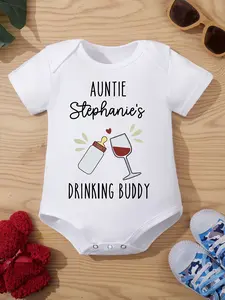 Unisex White Baby Short Sleeve Bodysuit, Custom Name Auntie Drinking Buddy Baby Bottle Wine Heart Personalized Cotton Onesie