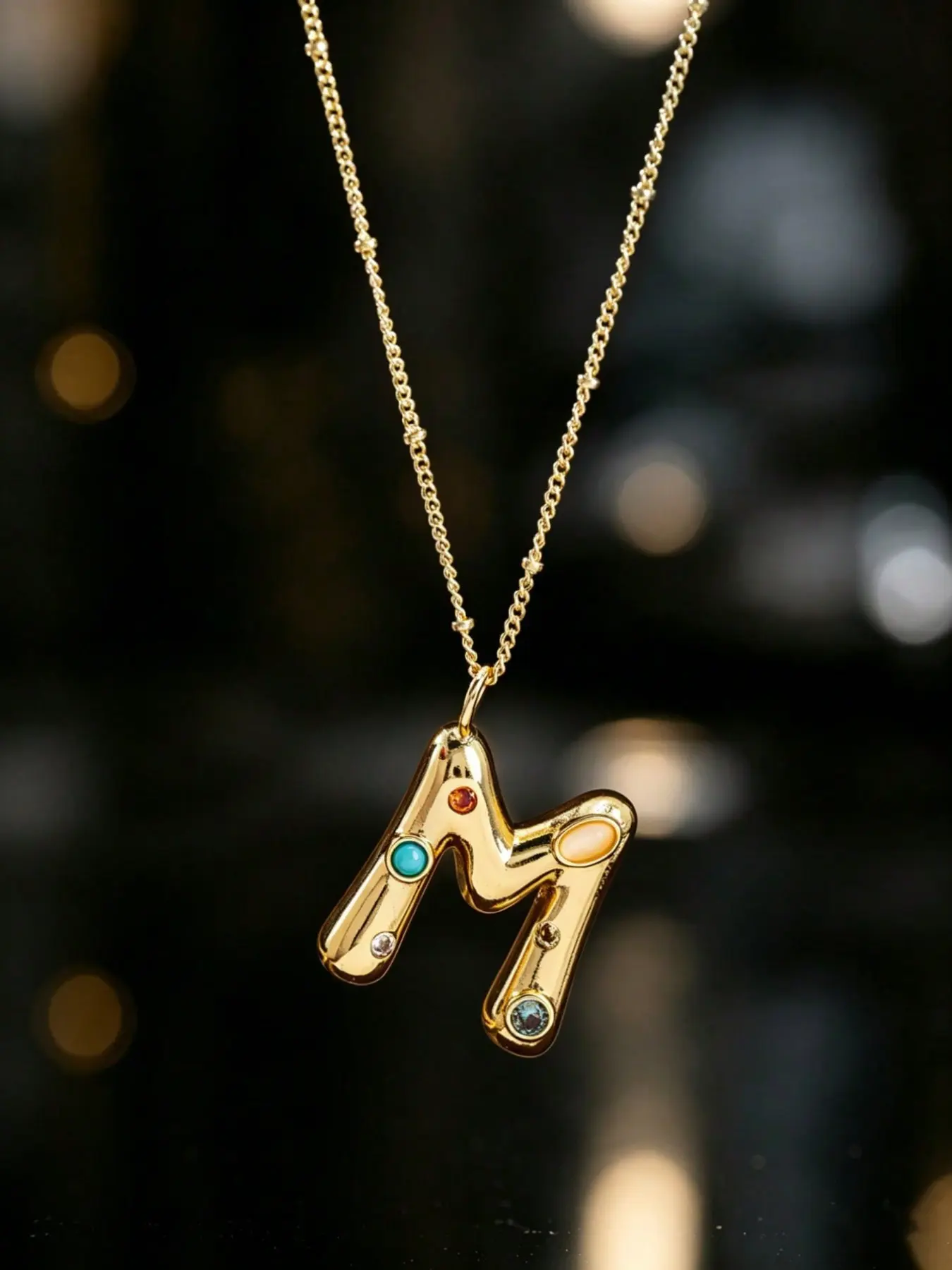 Boho Style Colorful Zircon 26 Bubble Letters Pendant Necklace, Elegant Geometric Design, Perfect for Daily Wear and Festivals