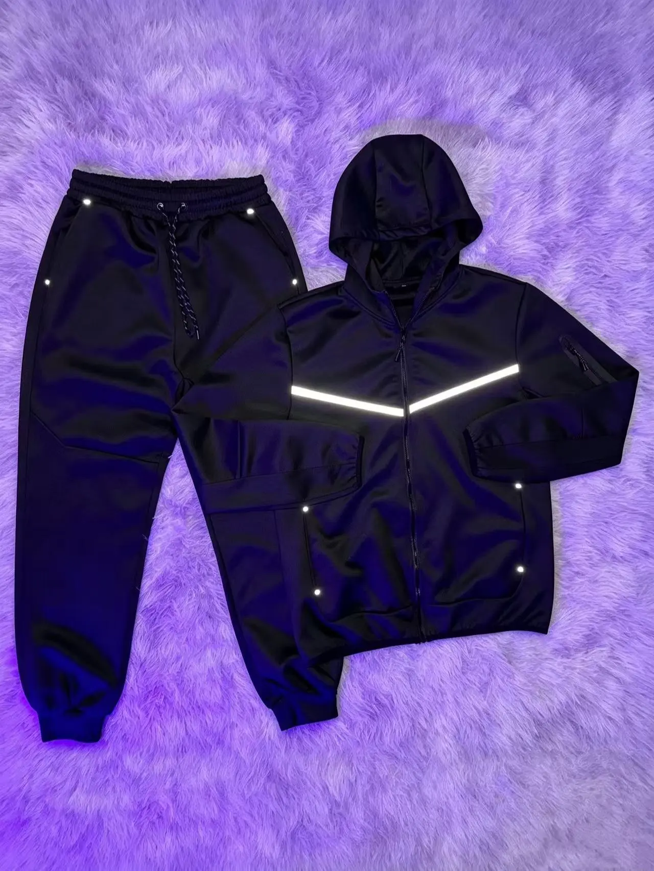 Men's 2-Piece Windrunner Hooded Sportswear Set - Breathable Slim-Fit Training Running Top, Sweatpants, Reflective Stripe, Trendy Casual Spring Autumn Wear for Couples