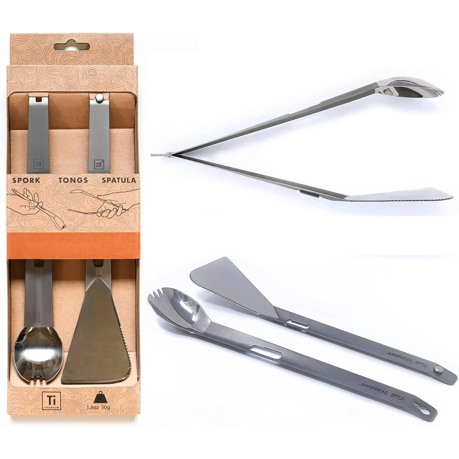 Baby & Maternity Titanium Splitter Multi-Utensil Set - Compact, Lightweight Silver Spork, Tongs, Spatula, Ladle - Durable Cooking Kit for Camping, Travel, Backpacking
