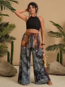 Boho Floral Print High Waist Drawstring Adjustable Bohemian Wide Leg Pants, Slimming Fashion Design, Casual Workwear, Loose-Fitting Long Pants for Women
