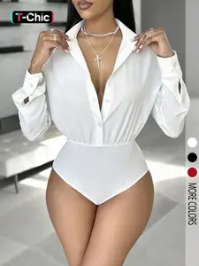 Women's Fashion Casual Elegant Solid Color Long Sleeve Lapel Button Fitted Jumpsuit, Perfect for Business Commuting, Stylish All-In-One Shirt Pants Set, Basic