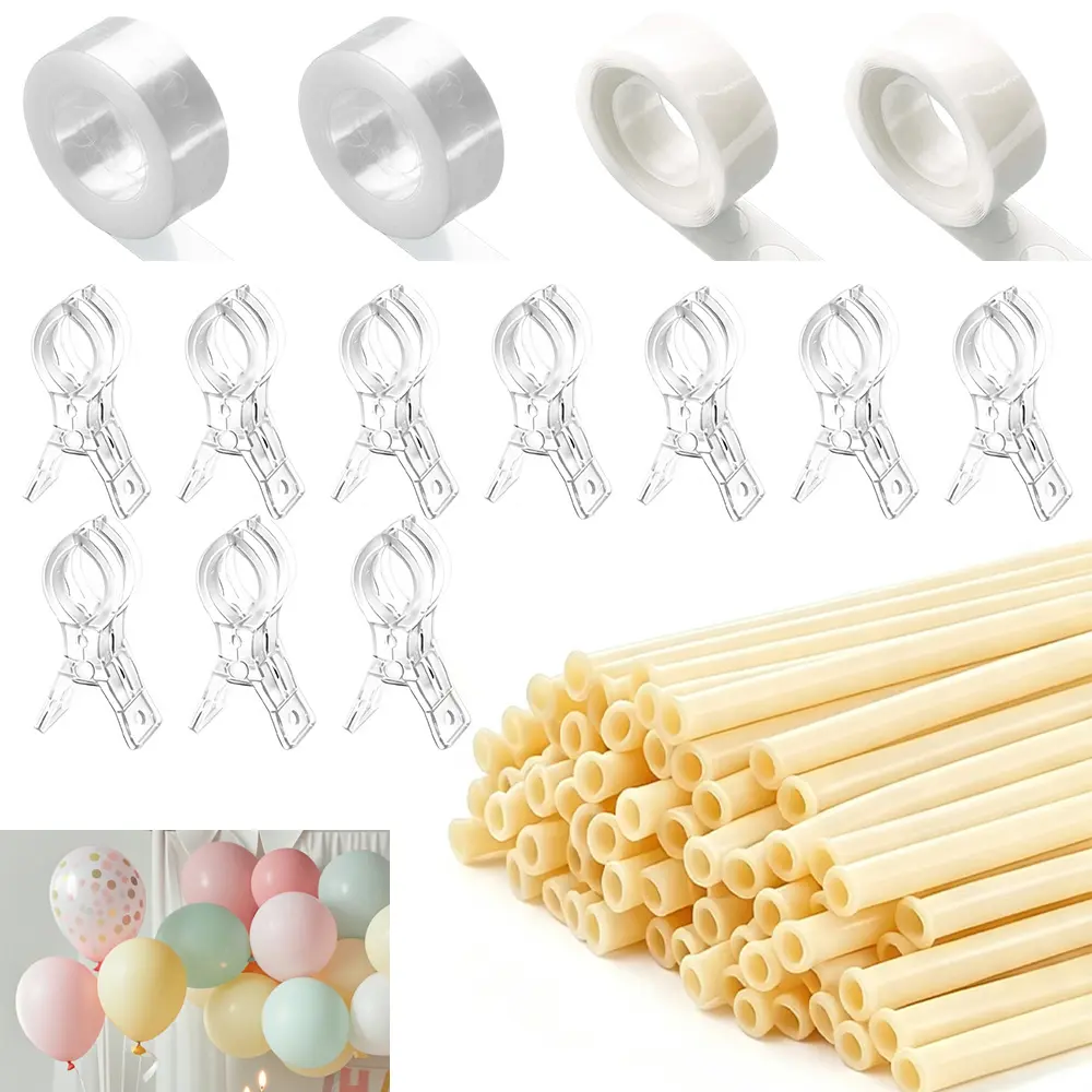 114 pcs balloon decoration accessory set, including 10 transparent plastic clips, 100 long balloons, 2 rolls of balloon decoration chains, and 2 rolls of balloon adhesive dots, used for birthday, wedding, holiday party decoration