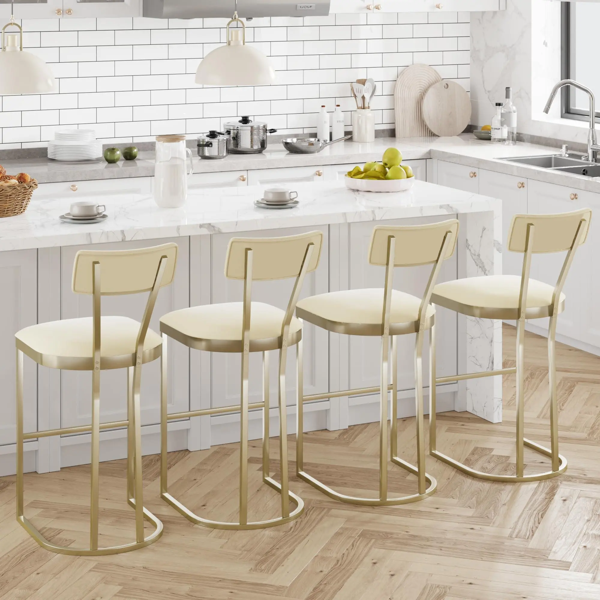 Gaomon Counter Height Barstools, Set of 4 Modern White Velvet Upholstered Chairs with Gold Metal Legs and Footrest, 26.3" Seat Height, Industrial, DIY Friendly, 16.5-Inch Length, Casual Gatherings, 26.3" Seat-To-Floor Height