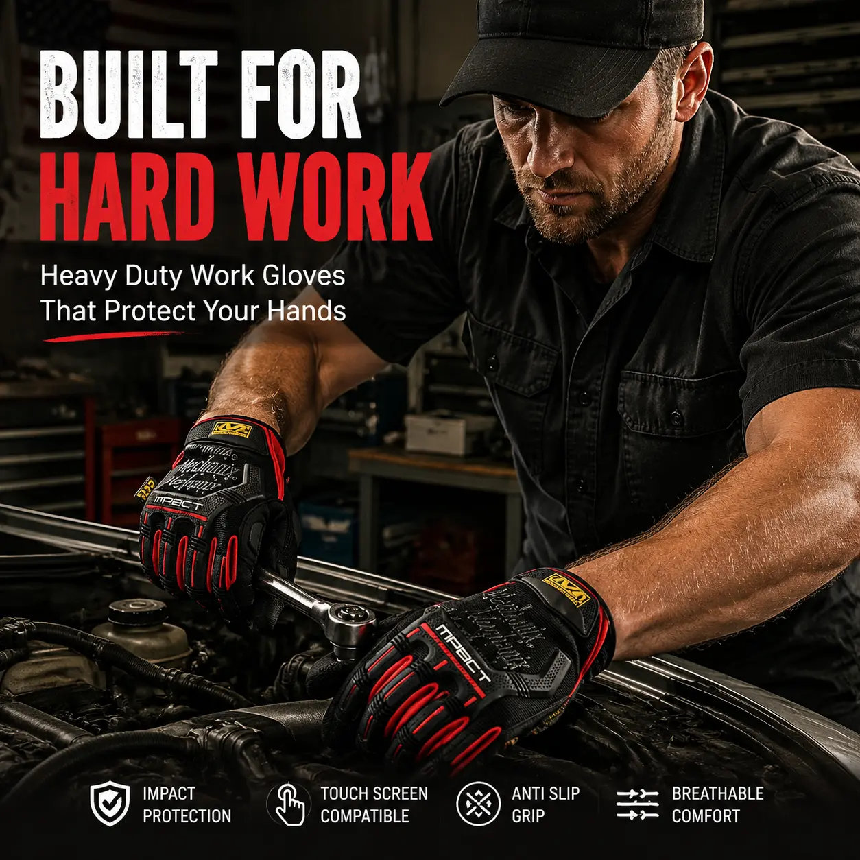Men's Heavy Duty Work Gloves Touch Screen Mechanic Gloves, Impact Resistant Protective Gloves for DIY, Garage, Construction & Outdoor Work