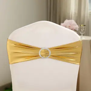 5 Pack Metallic Spandex Chair Sashes Gold - Durable Stretch Chair Bands With Round Diamond Buckles for Upscale Gatherings