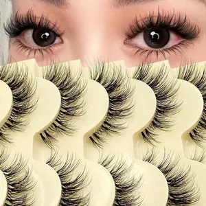 5 Pairs Pack Fluffy Cat Eye False Eyelashes, Transparent Line Dense Volume Look, Natural Looking Fake Lashes for Everyday Use, Makeup