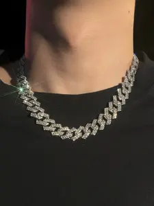 zircon Cuban Link Chain for Men - Iced Out Diamond Necklace | Silver & blue Plated Hip Hop Chains and Bracelet jewelry cross pendant