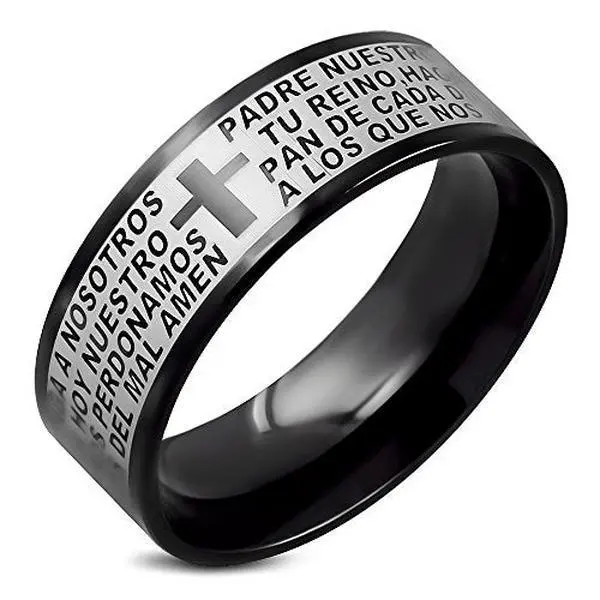 My Daily Styles Stainless Steel Band - Black, Silver-Tone Fashionable Jewelry Accessories with Spanish "Padre Nuestro" Lord's Prayer Religious Motif for Inspirational Wear, Silver Band Rings, Message Rings, Steel Jewelry