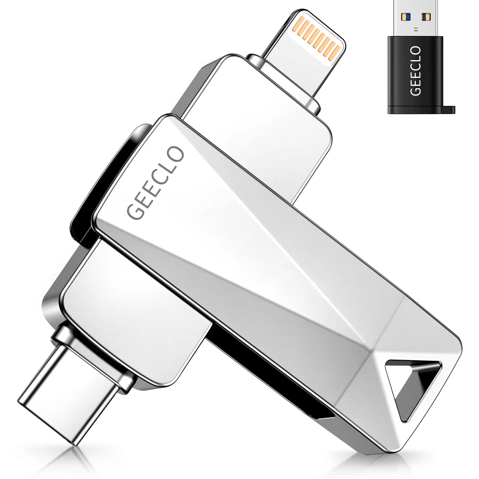 GEECLO 1TB Class 10 Lightning-Type-C Portable Flash Drive - Metallic Silver Thumbdrive Pen Drive, Plug-and-Play USB Storage Flash for iPhone/iPad, USB External Memory for Android & Computers, No App Needed