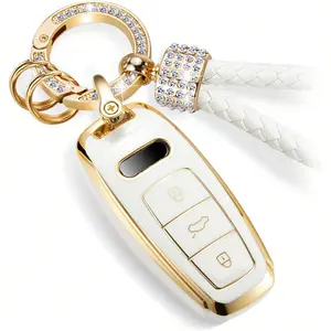 ACEBOY For Audi Key Fob Cover With Luxury Diamond Bling Braided Rope Keychain, Upgraded Soft Key Case For A3 A6-A8 E-Tron S3 RS6-7 SQ7-8 Key Fob Shell