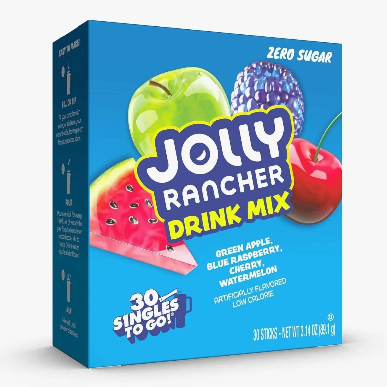Jolly Rancher Singles To Go Variety Pack, Powdered Drink Mix, Zero Sugar, Low Calorie, Includes 4 Flavors: Green Apple, Blue Raspberry, Cherry, Watermelon, 1 Box (30 Single Servings)