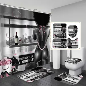 4PCS African American Black Girl Shower Curtain Sets with Rugs, Sexy Black Woman Afro Girl Black and White Modern Bathroom Decor, Bathroom Decoration Accessories, Non-Slip Bath Mat, Motivational Inspirational Gifts for Women