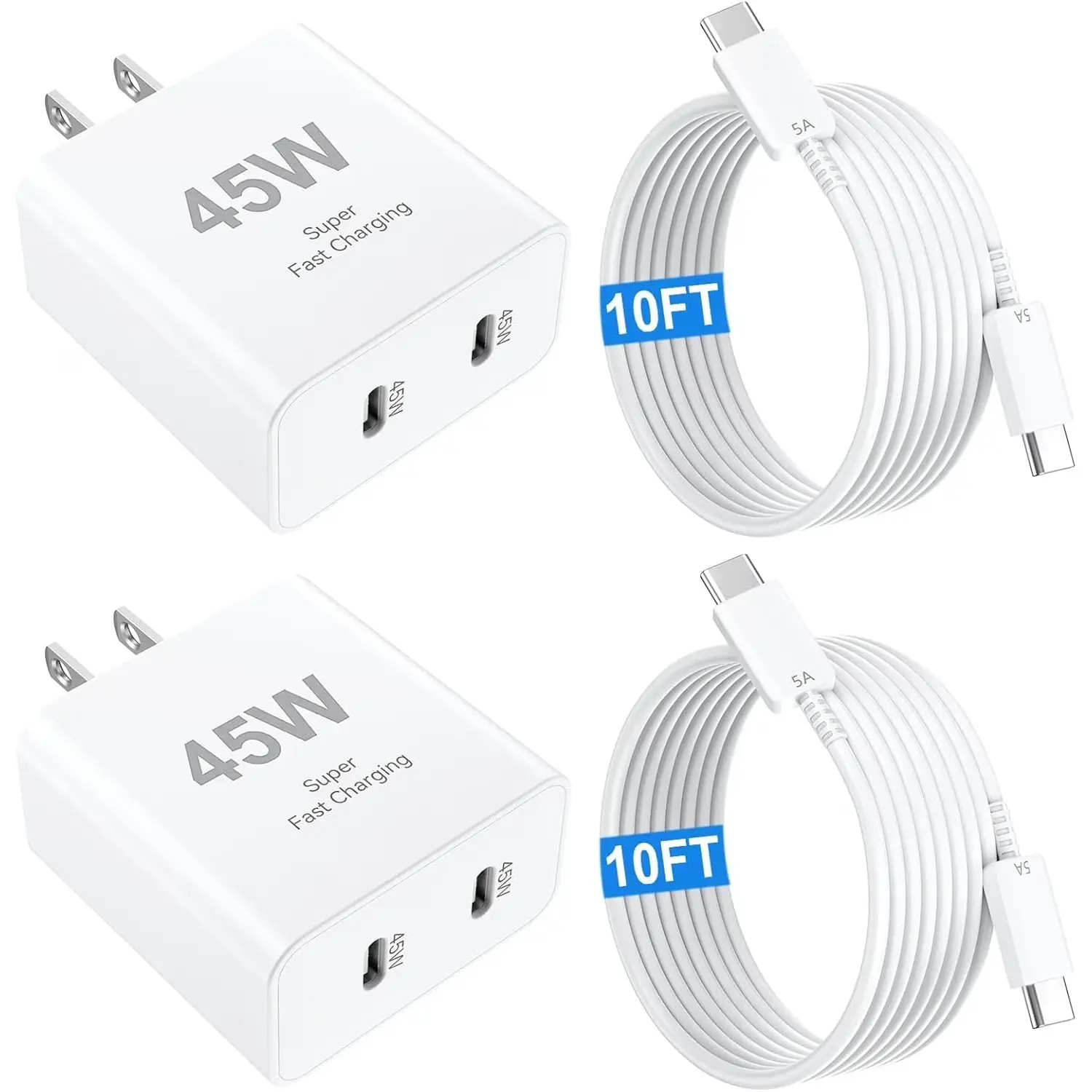 Super Fast Type C Charger For iPhone 17 Charger,45W Dual Port USB C Fast Charger Block 2-Pack & 60W 10FT USB C Cable  for Samsung Galaxy S25 Ultra/S24+/S23 iPhone 17/16/15