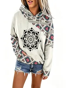 Women's Aztec Geometric Print Hoodie, Bohemian Mandala Floral Patchwork, Drawstring Kangaroo Pocket Hooded Sweatshirt, Casual Loose Fit Ethnic Tribal Pullover Top for Daily Wear