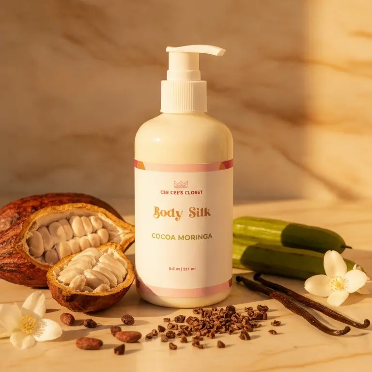 Cocoa Moringa Body Silk for Soft Moisturized Skin | Cocoa Butter Vanilla Body Lotion | Niacinamide Brightening | Luxury Body Skincare Women