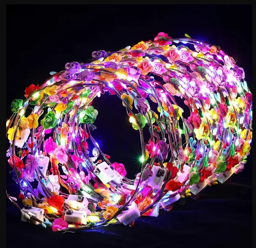30-Piece Unisex Silk Flower Sparkle LED Lighting Headbands - Light-Sensing Light Up Headdresses, Versatile Festive Supplies for Carnival Parties, Birthdays