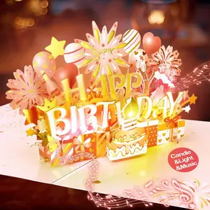 Pop-up Birthday Cards for Women with Blowable LED Candle, Light and Music-Birthday Gifts for Mom, Wife, Grandma - Rose Gold