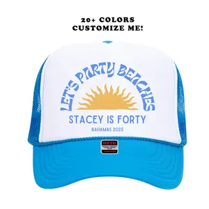 Custom BIRTHDAY Party Trucker Hat Personalized RETRO Sun Design Unisex Surfer Sunset Coastal Trucker Party Hats Bday Hats Fun Camping Party Accessories Matching Group Hats Comfortable Durable Mesh Back Adjustable Snapback