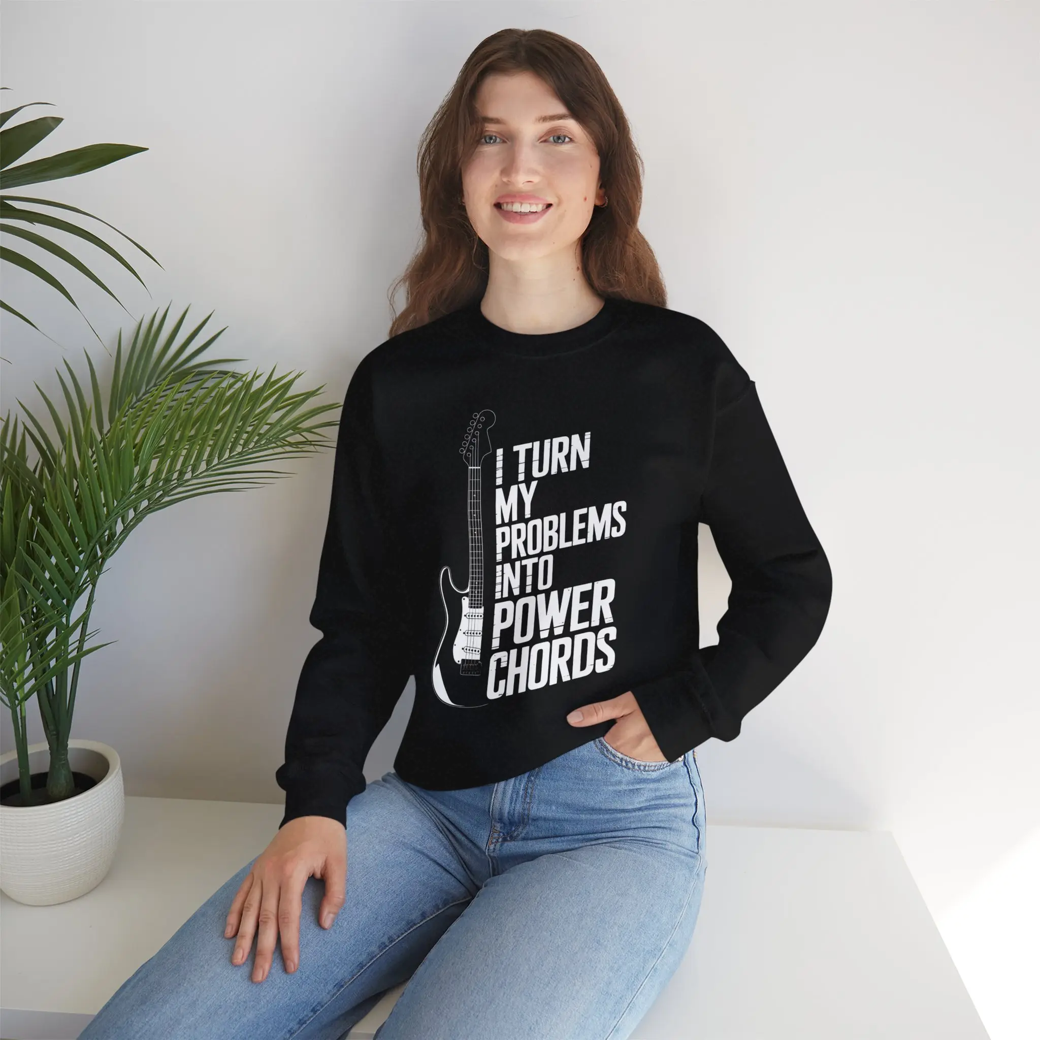 I Turn My Problems Into Power Chords Unisex Crewneck Sweatshirt, Funny Guitar Gift, Music Lover Apparel, Cool Sweatshirt for Musicians,
