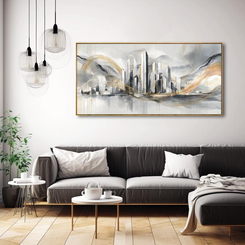 Modern Luxury Upgrade - 20x40 Inch Gold - Accent Wall Art - Solid Wood Frame, Abstract Cityscape with Metallic Gold Swirls Elevates Contemporary Interiors, Perfect for 20x40 Homes Seeking Sophisticated Glamour