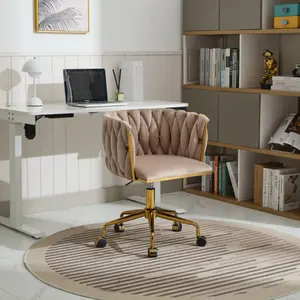 Velvet Vanity Chair with Wheels, Accent Chair Makeup Vanity Chair with Hand Woven Backrest, Modern 360° Swivel Home Office Desk Chair