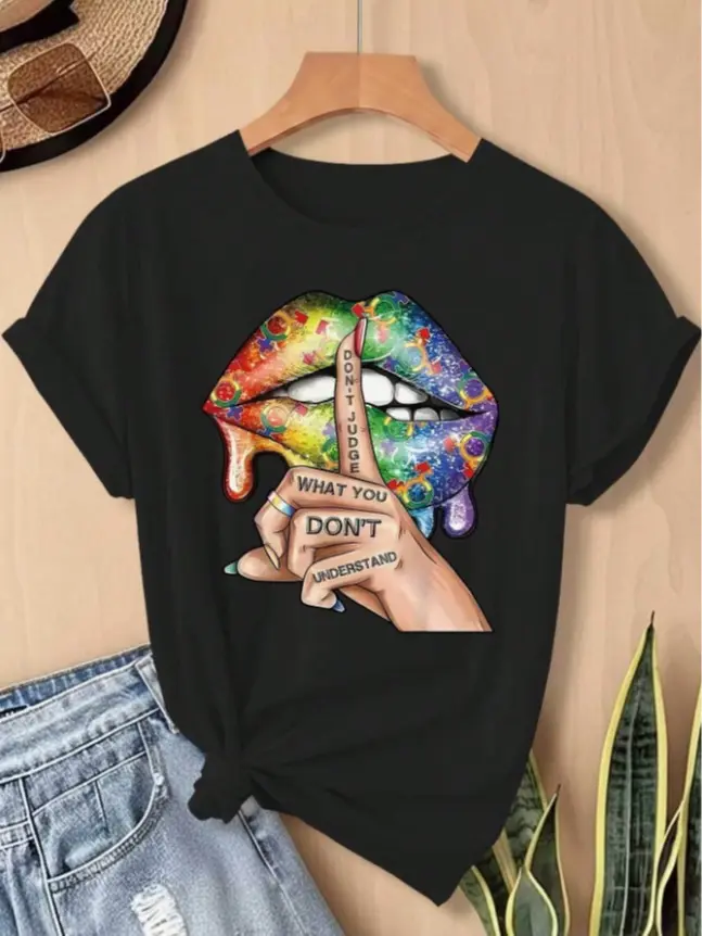 Unisex Graphic Top with Rainbow Lips and "Don't Judge" Pride Quote, a Soft 100% Cotton Breathable Shortsleeve Design for Everyday Wear, Tops, Tee, Crew Neck, Round Neck, Glitter Lips