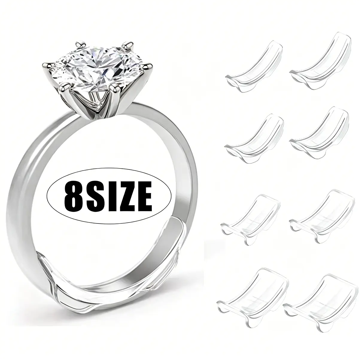 Invisible Ring Size Adjuster, 8 Sizes Reusable Ring Guard, Flexible Resizer Tightener for Loose Rings, Unisex Ring Fixer with Polishing Cloth
